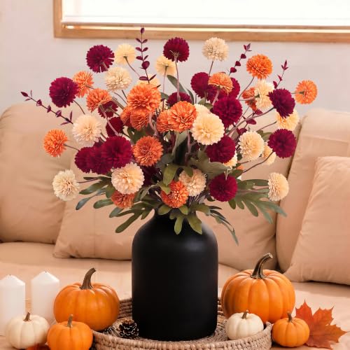 Fall Flowers Artificial Set - 16Pcs Autumn Decor with Orange Red Beige Blooms & Eucalyptus
