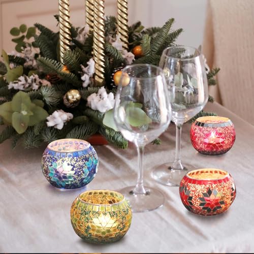 Votive Candle Holder Set of 4 - Handmade Mosaic Glass Tealight Holders for Table Decor - Diwali Thanksgiving