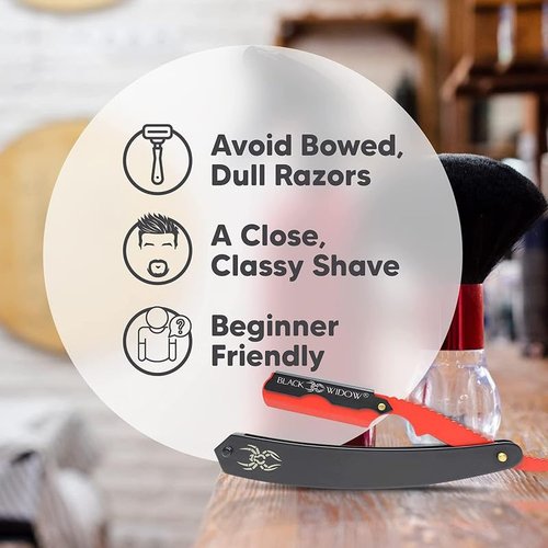 Black Widow Professional Barber Straight Edge Razor – Stainless Steel Shavette, 1.5 mm Blade Exposure, Matte Black & Red, 10 Double Edge Blades (20 Single-Edge) for Lineups & Beard Shaping