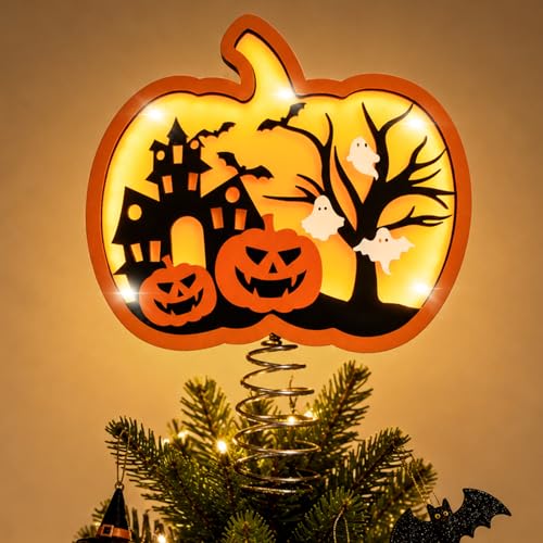Halloween Pumpkin Tree Topper 9 Inch Shadow Box with LED Ghost & Pumpkin Lights