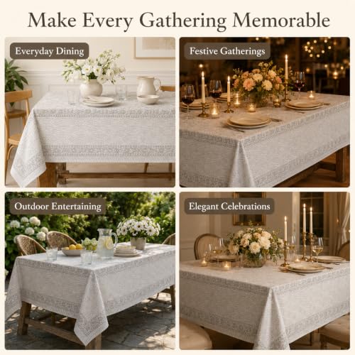 Hibiscus Grey Vine Floral Rectangle Cotton Tablecloth 72x120 Inch - Hand Block Printed for Dining & Festive Use