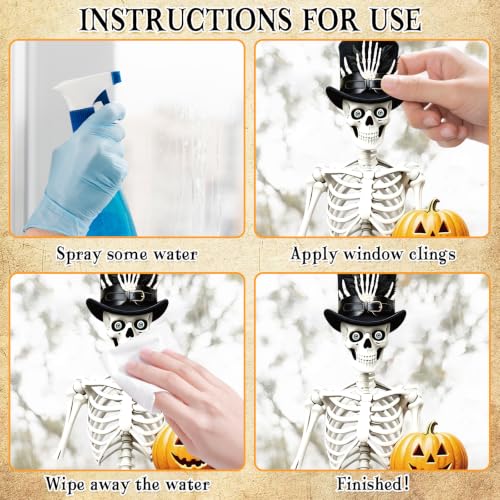 Halloween Window Clings - Large Retro Skull Pumpkin Bat Stickers - Split Skull Variation, Reusable Decals for Home & Party Decor