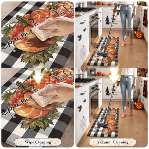 KIMODE Anti-Fatigue Kitchen Mat Set - Black & White Plaid, 2-Piece, 17.3x47 & 17.3x29 Inches, Non-Slip, Thick Cushioned Rugs