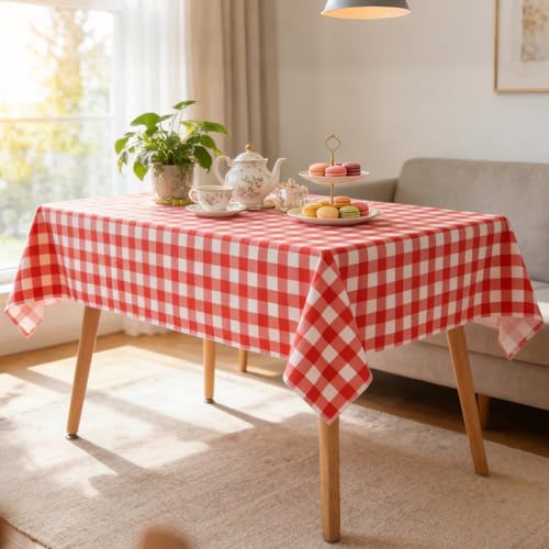 Red Gingham Vinyl Tablecloth with Flannel Backing 60x84 Inch Waterproof Outdoor Cover