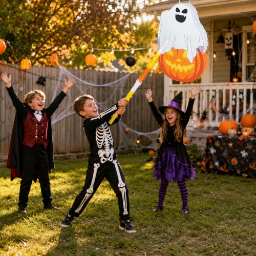 Halloween Pumpkin Ghost Piñata with Stick & Confetti - 21.6 Inch Party Game Decoration