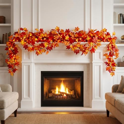 11ft Lighted Fall Leaf Garland with 50 String Lights - Autumn Decor, Indoor & Outdoor