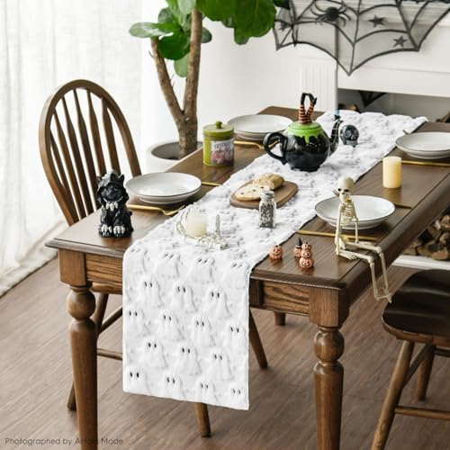 White Faux Fur Ghost Halloween Table Runner 13x72 Inch - Artoid Mode Variation