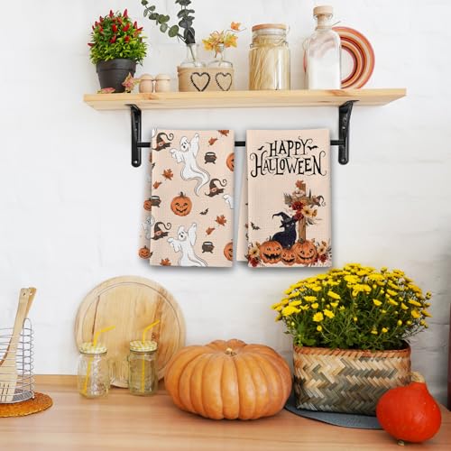 Halloween Kitchen Towels Set - Black Cat Pumpkins & Ghosts - Color 2
