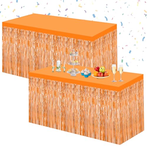 Morcheiong Orange Foil Fringe Tinsel Table Skirts - 2 Pack for Rectangle Tables - Party Decorations