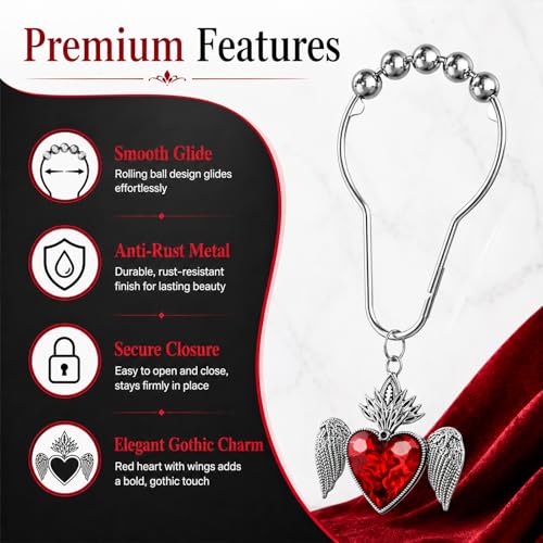 Halloween Shower Curtain Hooks - Gothic Red Heart with Wing, 12 Pack