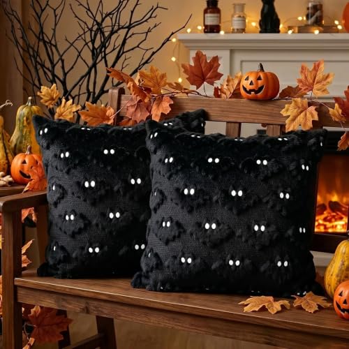 Halloween Pillow Covers 18x18 Inch Set of 2 Black Bat Embroidery - Variation Black1 / 18" x 18"