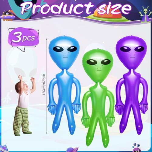 Inflatable Alien Party Decorations Set - 67 Inch Jumbo Blow-up Toy in Blue, Green & Purple