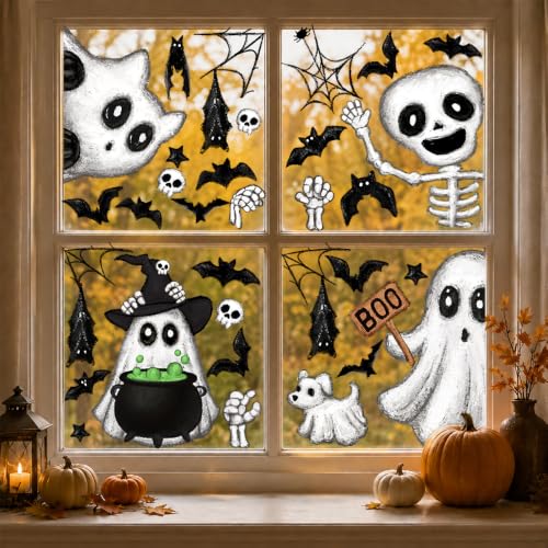 Halloween Window Clings Stickers - Ghosts Skeleton Bats Spider Webs - Black & White - 6 Sheets