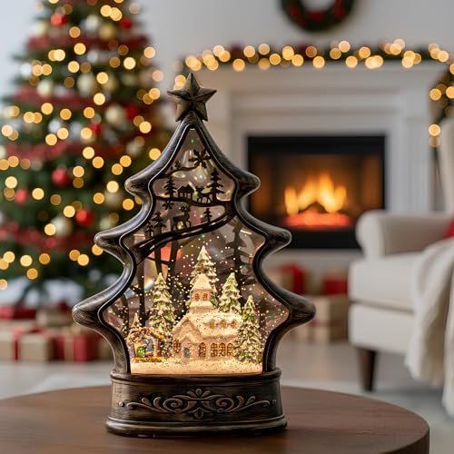 11.5-Inch Christmas Snow Globe Lantern with Nativity Scene & Music - Lighted Church with Glitter & Water, USB or Battery Powered