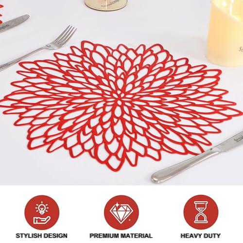 Snowkingdom Red Placemats 12 Pack - Metallic Round Floral Vinyl Table Decor
