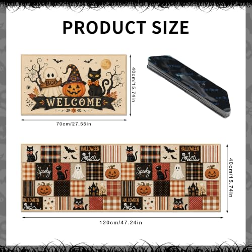 Halloween Patchwork Kitchen Rugs Set - Cat Ghost Pumpkin Floor Mats, 2 Pieces - Halloween Decor
