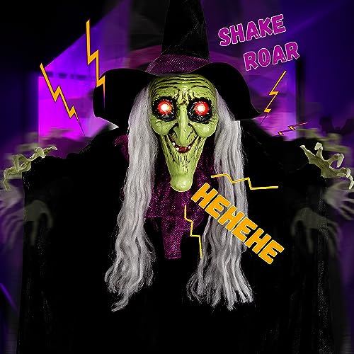 59-Inch Voice Activated Animated Witch Halloween Decoration with Glowing Eyes & Sound Effects