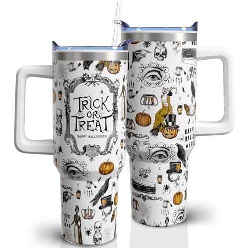 White 40 oz Halloween Tumbler with Handle and Straw - Stainless Steel Insulated Coffee Mug