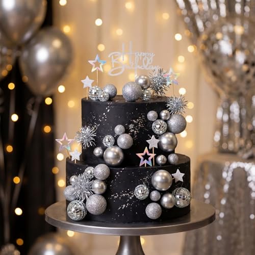 Disco Theme Cake Topper Set - 57 Pcs Birthday Party Decorations, Glitter Balls & Stars