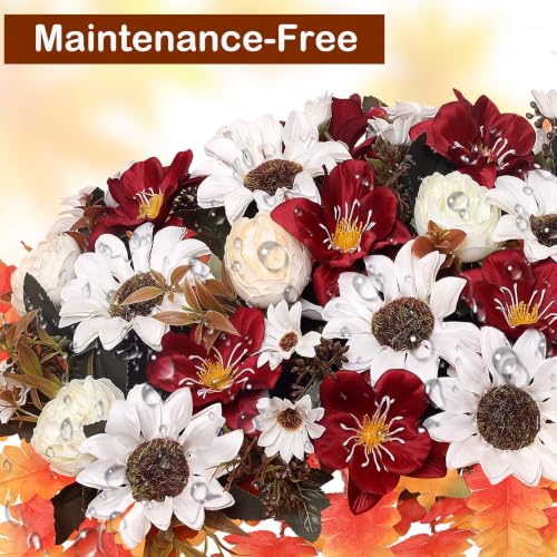 Fall Artificial Cemetery Flowers Headstone Flower Saddle - White & Saddle