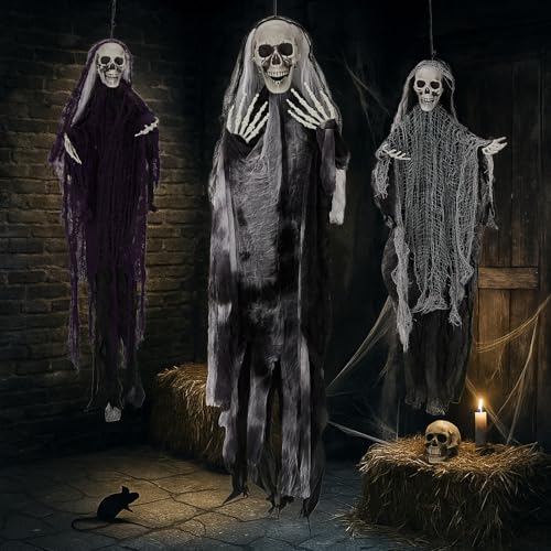 Halloween Decorations 3 Pack Hanging Skeleton Ghosts - Grim Reaper Props with Adjustable Arms