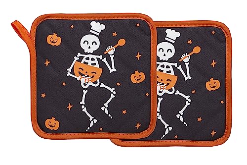 Bone Appetit Skeleton Chef Pot Holders Set of 2 - Halloween Cotton Kitchen Decor