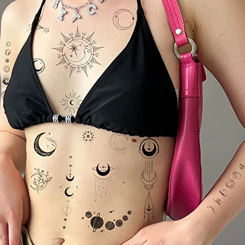 Moon Sun Stars Space Planets Chain Temporary Tattoos for Women - Vertical Spine Design