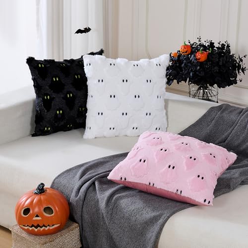 Halloween Decor Pillow Covers 18x18 Inch Set of 2 Black Ghost Plush Faux Fur
