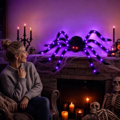 Giant Light Up Halloween Spider Decoration, 50 Inch Outdoor Indoor, Glowing Purple Lights & Red Eyes, Bendable Legs, 8 Light Modes