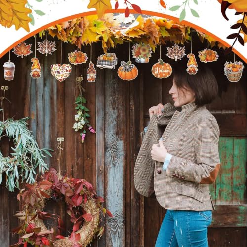 Fall Tree Decorations Gnome Truck Pumpkin Maple Leaf Wooden Hangings - Orange-4