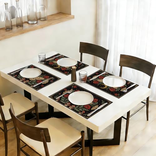 Black Poppy Moth & Moon Placemats Set of 4 - Floral Spring Table Mats