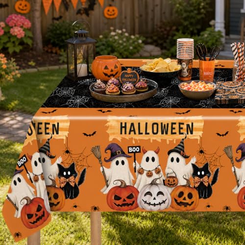 Halloween Ghost Plastic Tablecloth Set - Trick or Treat Ghost Pumpkin Black Cat Orange Black Variation