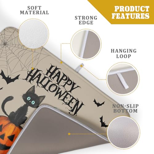 Halloween Black Cat Dish Drying Mat 18x24 Inch - Ghost Pumpkin Spiderweb Pattern