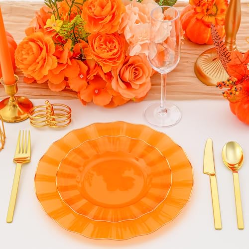 Clear Orange Plastic Plates Set with Gold Rim - 60 Pcs Disposable Dinner & Dessert Plates, Elegant Wave Design, Reusable for Parties & Weddings