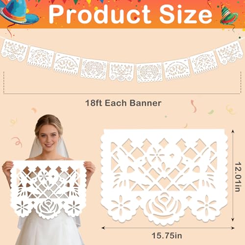 White Papel Picado Banners - 6 Pack, 108 Ft Mexican Party Decorations, Wedding & Fiesta Decor - White / 6 Pack