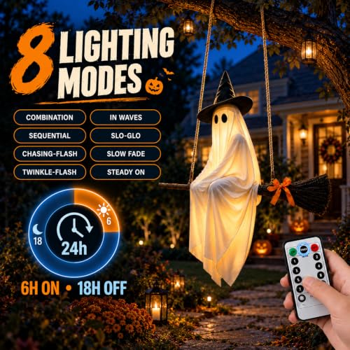 5FT Flying Ghost Witch Halloween Decoration with Light-Up Broomstick & Hat