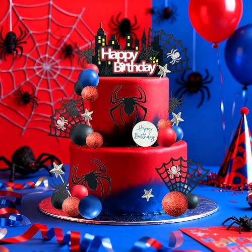 Spider Cake Topper Set - Blue-Red Halloween & Birthday Party Decorations