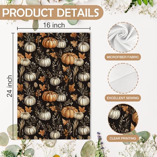 Fall Pumpkin Kitchen Towels Set with Black Pumpkin Design - 2 Pack 16x24 Inch