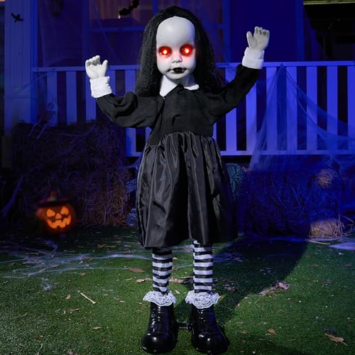 Halloween Animatronic Zombie Girl Decor with Sound & LED Eyes - 34 Inch Outdoor Haunted House Prop