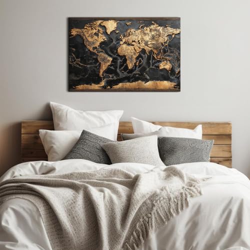 36L x 24W Black and Gold World Map Wall Art Canvas Print - Modern Office Decor
