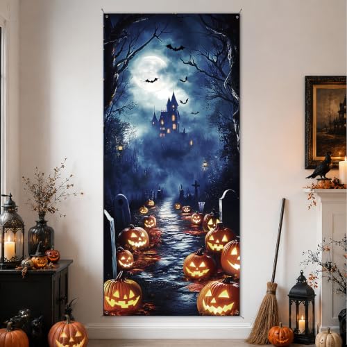Halloween Door Cover - Large Spooky Pumpkin Castle Bat Backdrop Decor 35x79 Inches