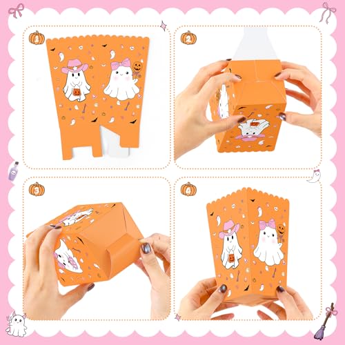 Halloween Popcorn Favor Boxes - Pink & Orange Ghost Theme, 24 Pack