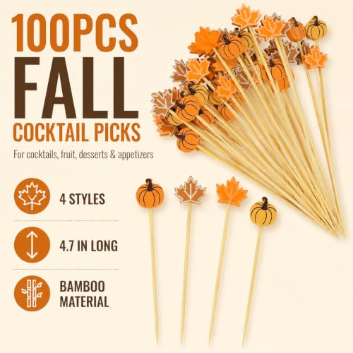 Fall Pumpkin Maple Cocktail Picks - 100PCS Autumn-themed Bamboo Skewers with Variations Orange & Brown