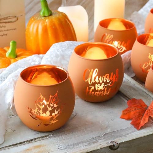 Fall / 6 Pumpkin Glass Votive Candle Holders for Thanksgiving & Fall Decor