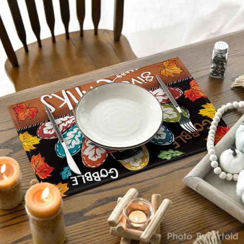 Black Turkey Give Thanks Thanksgiving Placemats Set of 4 - 12x18 Inch Seasonal Table Mats