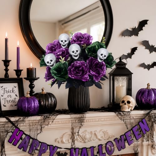 Purple Halloween Flower Bouquet - 18in Artificial Peony & Rose with Skull, 2 Pcs