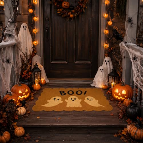 Halloween Ghost Doormat Decor - Boo Welcome Coir Door Mat, Brown & White
