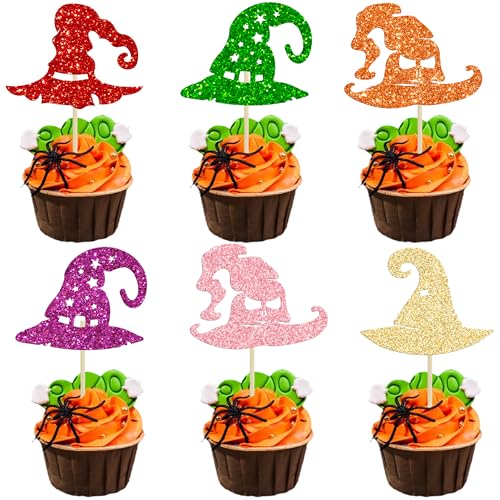Halloween Witch Hat Cupcake Toppers - Glitter Wizard Hat Picks Style 32, 24PCS