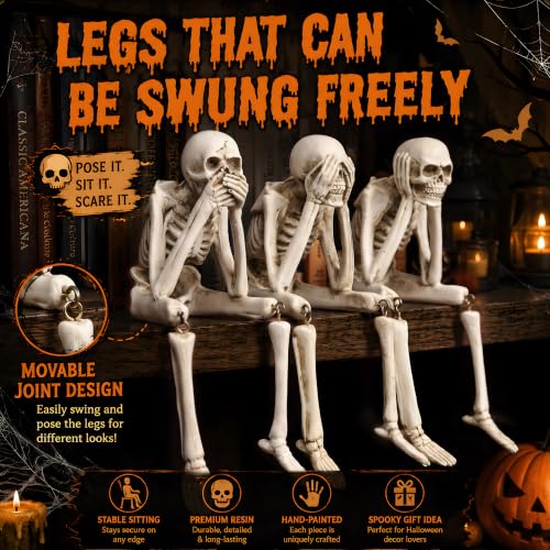 Halloween Skeleton Decor 3-Piece Resin Skeleton Figurines Set - See No Evil, Hear No Evil, Speak No Evil Variation