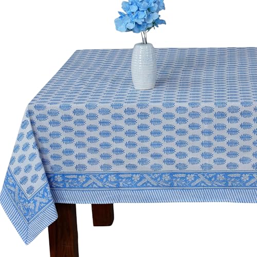 Cerulean Blue Hand Block Print Cotton Tablecloth 140x72 Rectangle - Rustic Farmhouse Style